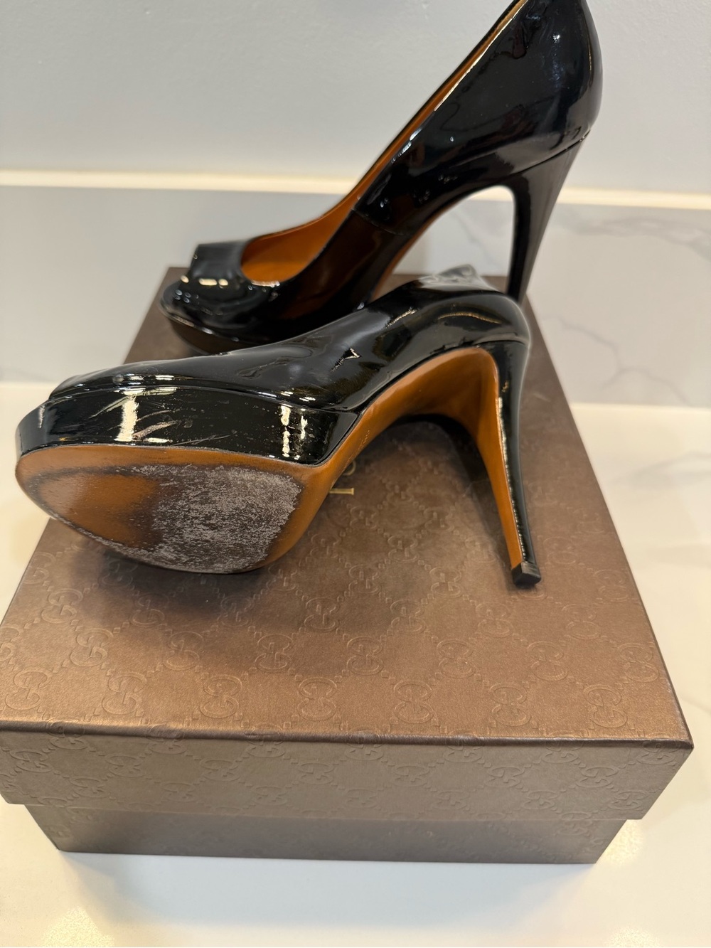 Gucci Black Patent Leather Peep-Toe Heels - Picture 5 of 5